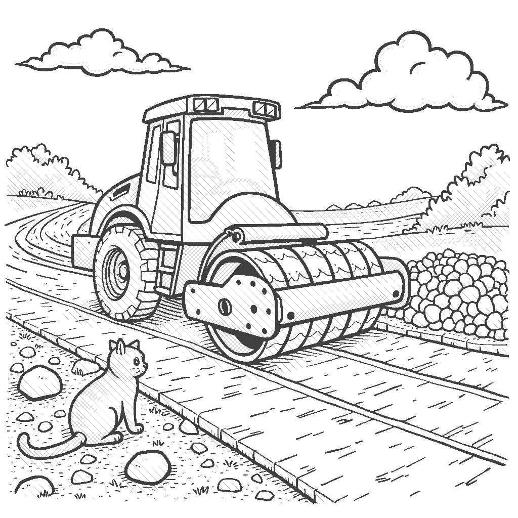 Coloring Page: Road Roller Fun - A road roller is flattening a new road, while a tiny cat watches curiously from beside a pile of stones.