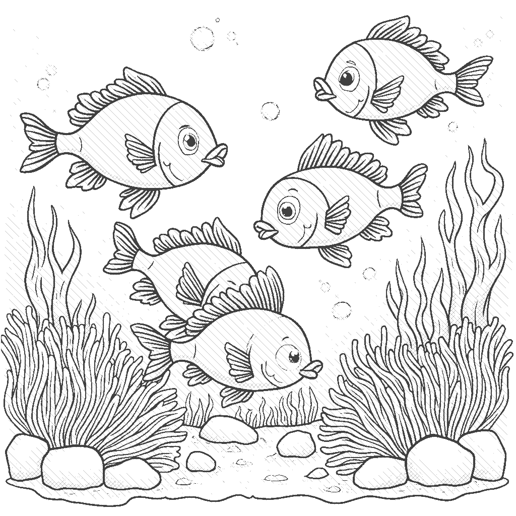 Coloring Page: The Fish School Mystery - A group of colorful fish swims together in a coral reef, playing hide and seek among the corals. One fish is hiding behind a sea anemone with its fins covering its eyes, while others are searching.