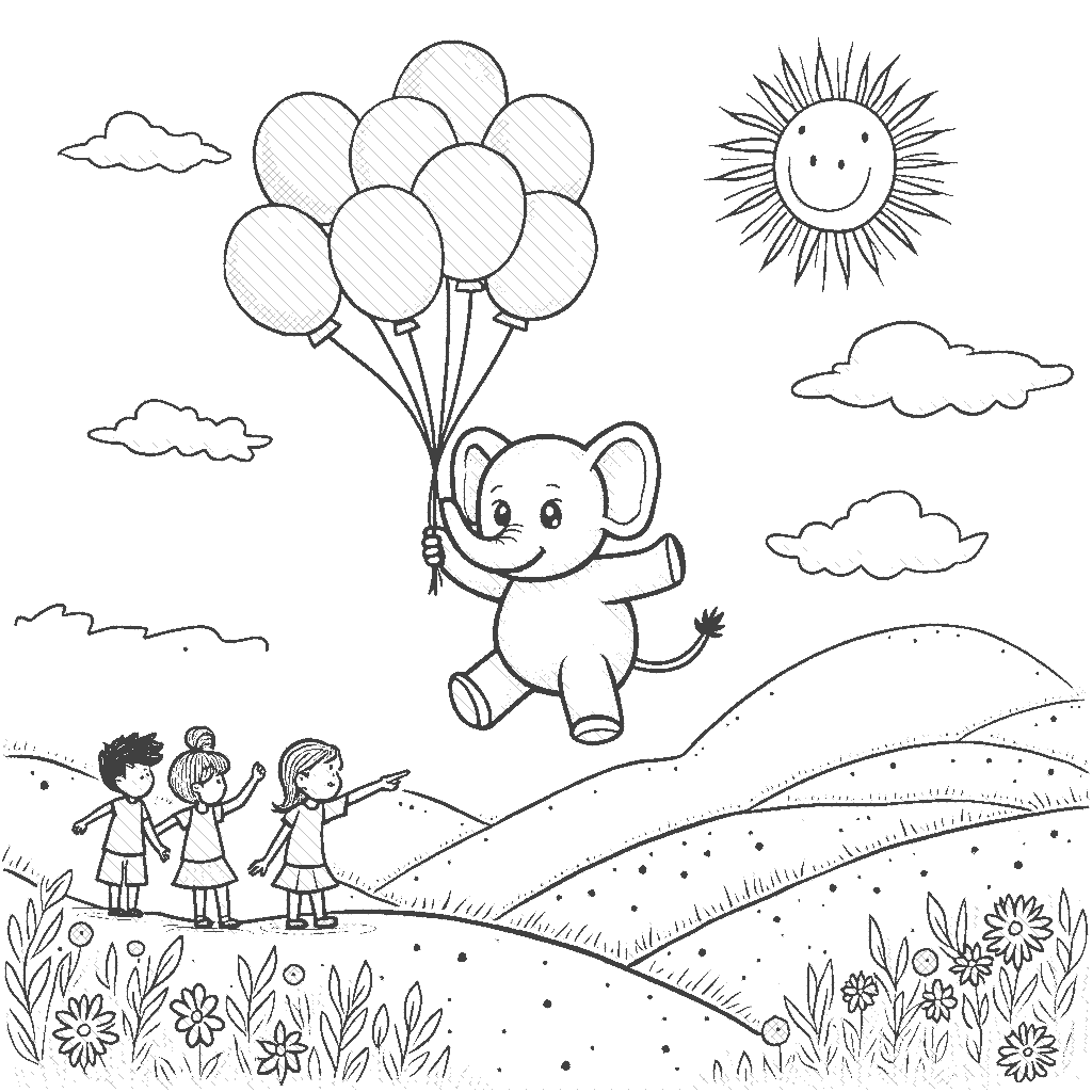 Coloring Page: Elephant's Balloon Ride - An adorable elephant is floating in the sky, holding onto a bunch of colorful balloons. Below him, children are pointing at the sky in awe as he travels above a landscape of rolling hills and bright flowers, with a smiling sun in the corner.