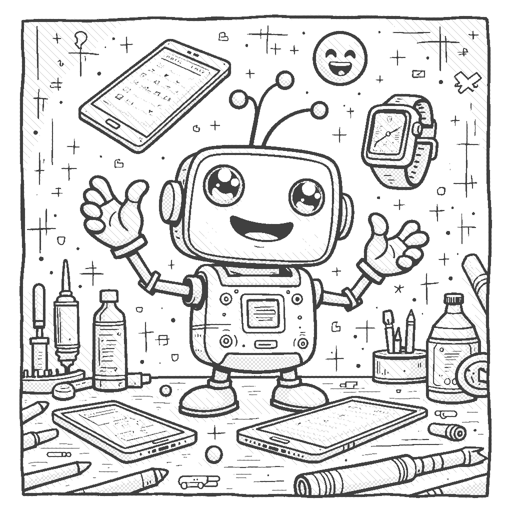 Coloring Page: Gizmo the Gadget - A cute, small gadget with eyes and arms is juggling various tech items like a smartphone, a tablet, and a smartwatch. The background is a cluttered workbench filled with tools and wires.