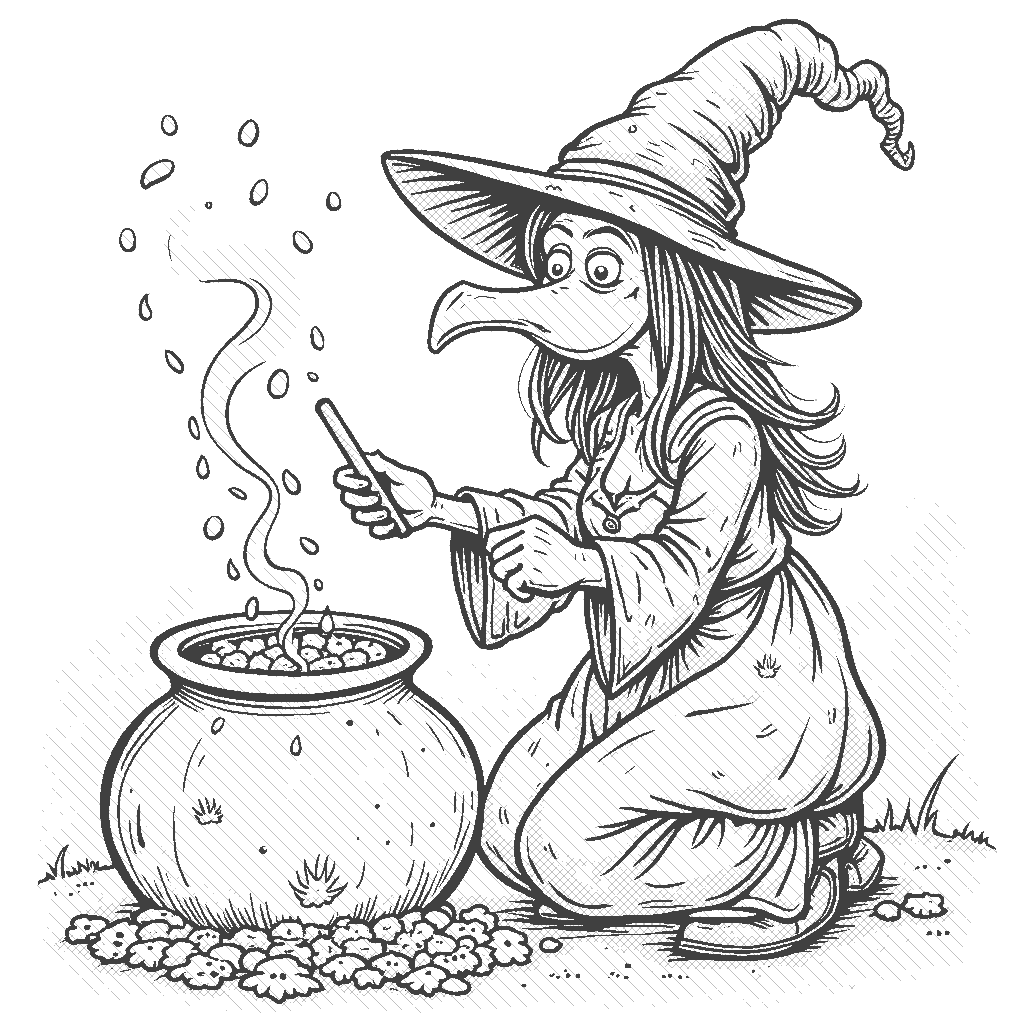 Coloring Page: Witch's Brew - A mischievous witch stirring a bubbling cauldron filled with a bright green potion. She wears a colorful dress with polka dots and stars. Around her are magical creatures like a purple cat and a green-eyed owl, under a starry night sky.