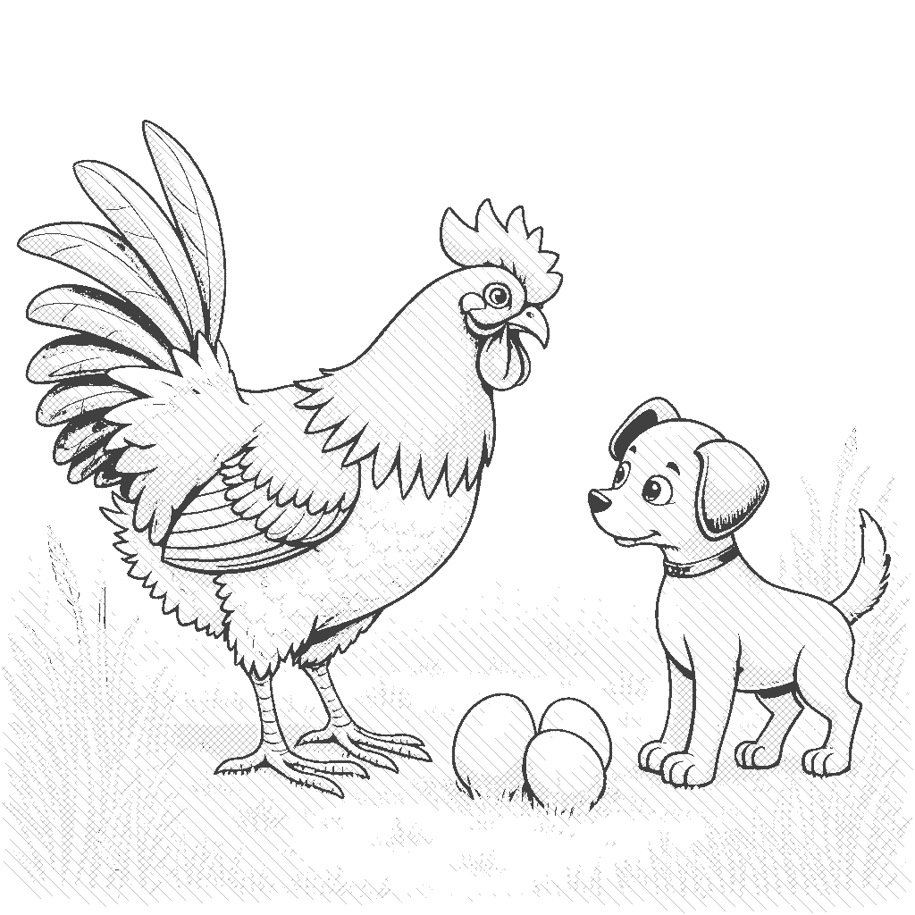 Coloring Page: The Chicken's Egg Hunt - A mother hen searching for her lost eggs in a grassy field. Nearby, a curious puppy watches her with an intrigued expression, ready to help her find them.