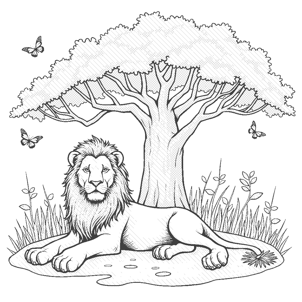 Coloring Page: Lion's Afternoon Nap - A majestic lion lounging under the shade of a large baobab tree, with a few butterflies fluttering around. The scene captures the calmness of the African savanna.