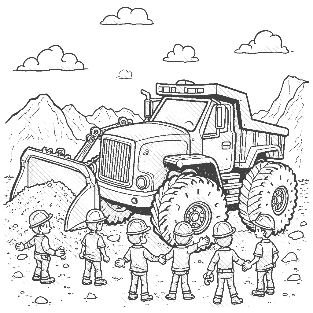 Coloring Page: Digger Truck's Big Job - A mighty digger truck is hard at work at a construction site, moving dirt and large rocks while interacting with a group of excited construction workers.