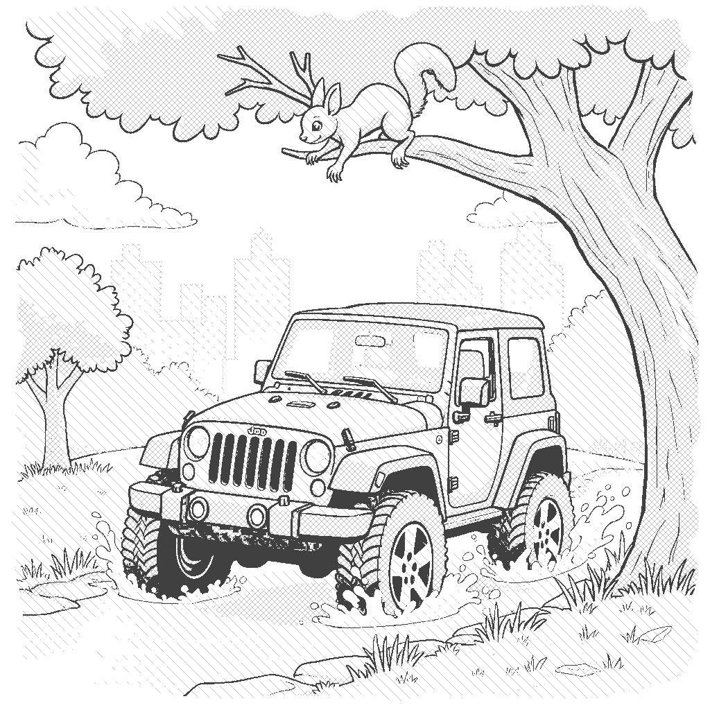 Coloring Page: Jeep Adventure - Illustrate a rugged jeep driving through a city park, splashing through a puddle of water, while a squirrel curiously watches from a tree branch above.