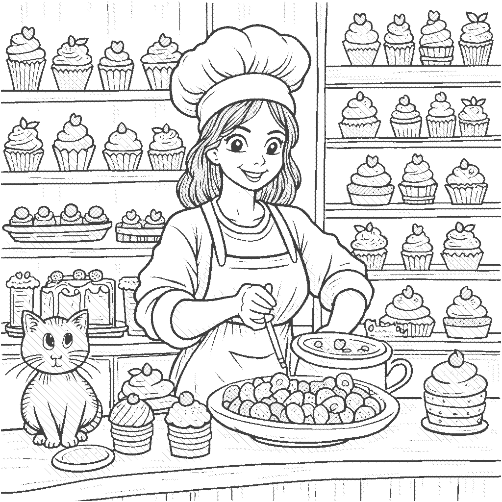 Coloring Page: Baker's Sweet Shop - A cheerful baker decorates colorful cupcakes and cookies in a quaint bakery. The shelves are filled with pastries, and a friendly cat watches curiously from a nearby counter.