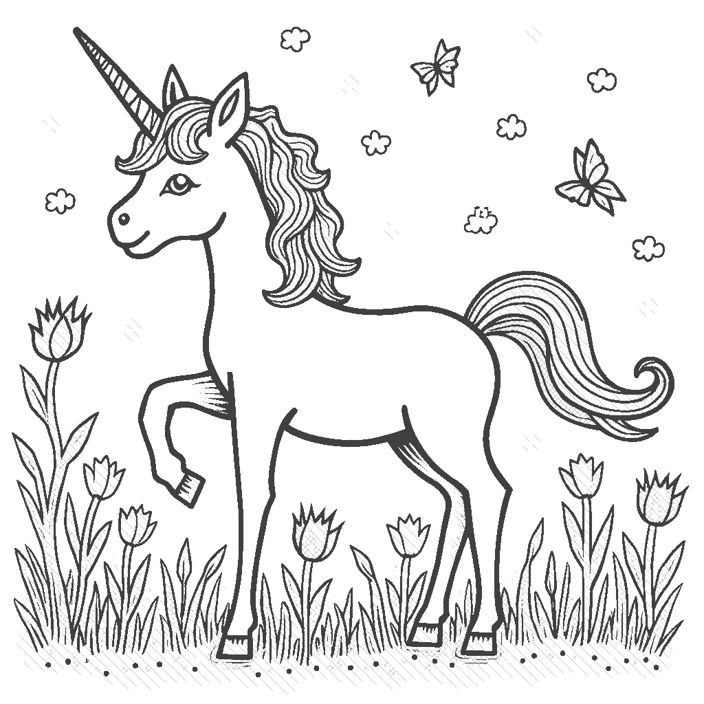 Coloring Page: Unicorn Spreading Seeds of Joy - A unicorn releasing seeds that blossom into beautiful flowers as it gallops through a meadow.