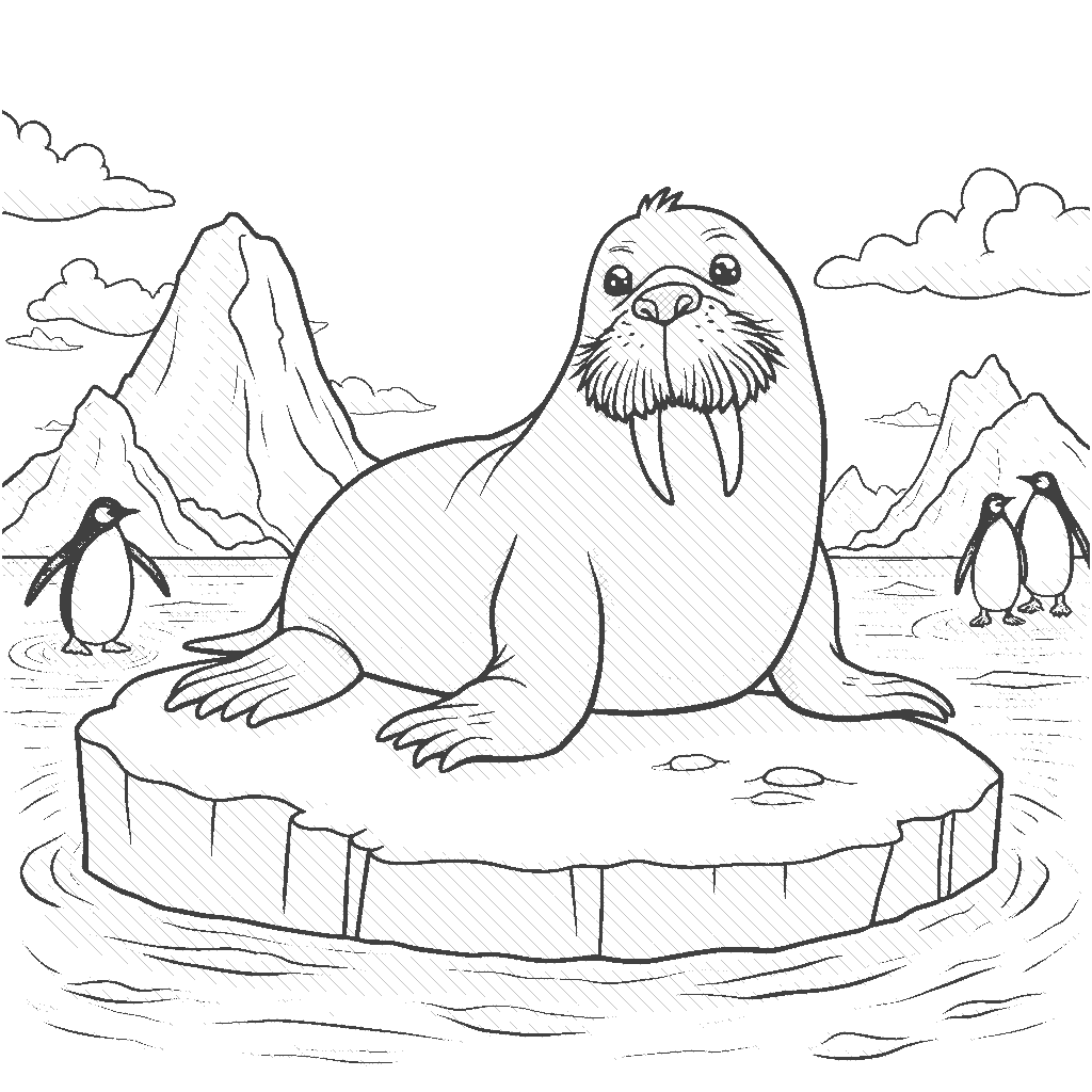 Coloring Page: Walrus on Ice - A walrus lounging on a large floating ice block in the north ocean, with a backdrop of icebergs and a few penguins in the distance.