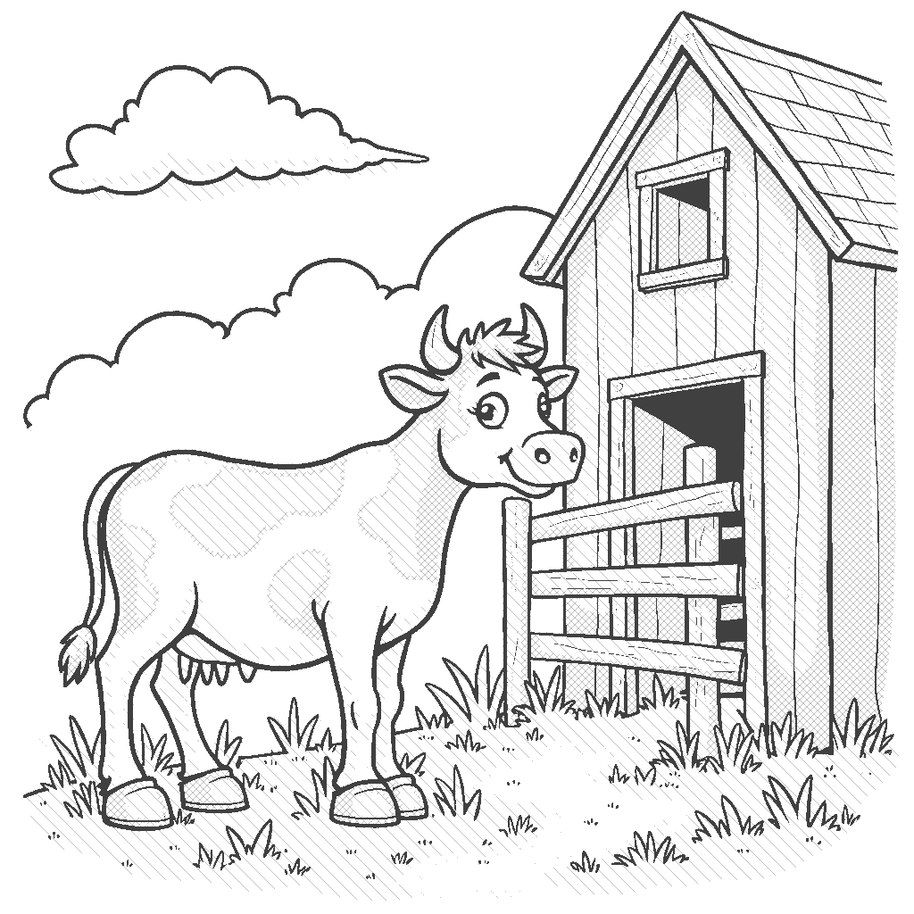 Coloring Page: The Curious Cow - A friendly cow stands next to a large red barn, curiously peeking over a wooden fence while munching on some grass.