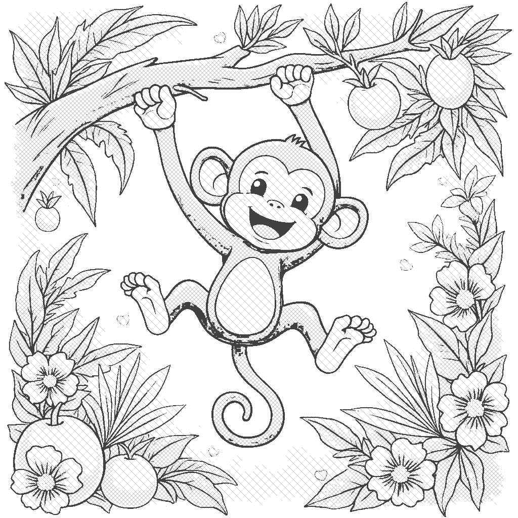 Coloring Page: Monkey Swinging Through Trees - A monkey swings joyfully from one tree branch to another, with a variety of tropical flowers and fruits around.