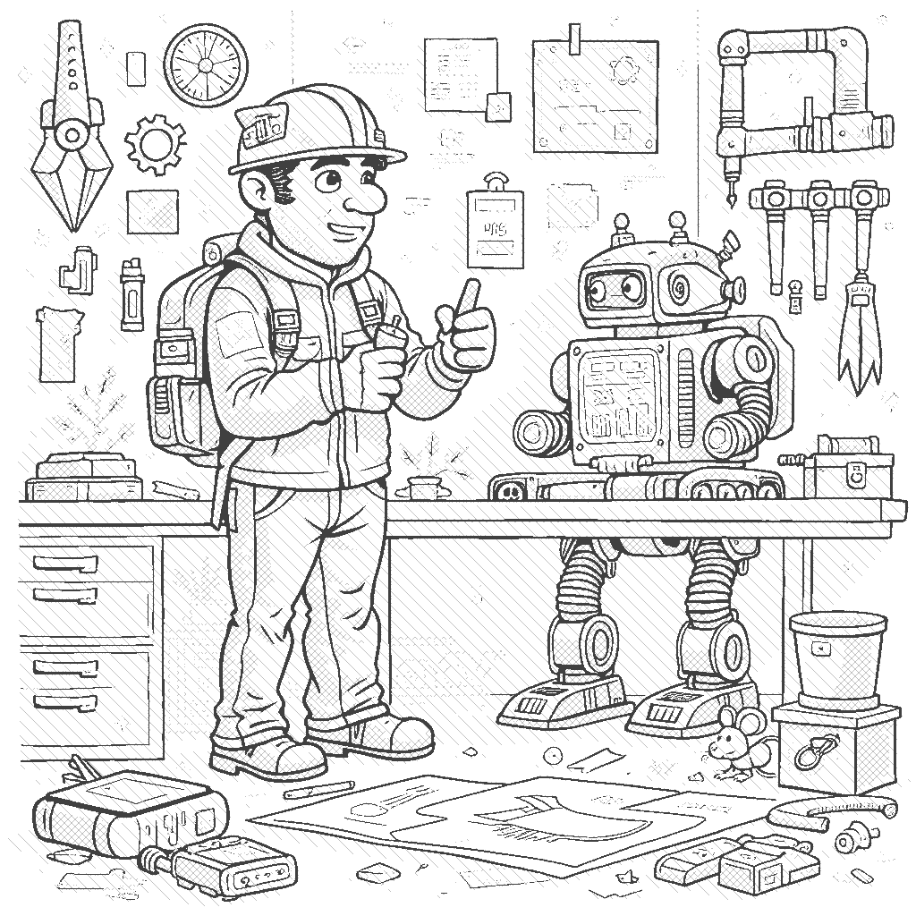 Coloring Page: The Engineer's Creative Invention - An engineer is in a workshop filled with gadgets and tools, constructing a wacky robot. Tools and blueprints are scattered everywhere, and a curious mouse peeks out from behind a toolbox to see the invention.