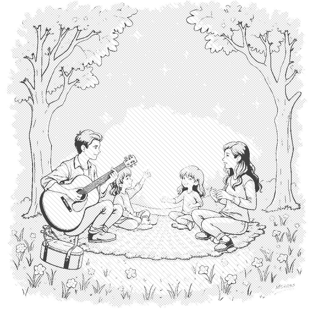 Coloring Page: Musician Under the Stars - A talented musician playing a guitar under a starry sky, surrounded by friends dancing and having a picnic. Fireflies light up the scene, making it magical and enchanting.