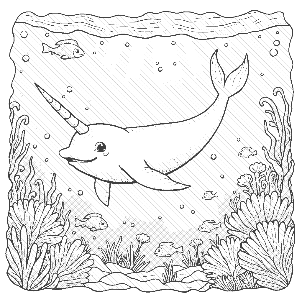 Coloring Page: Narwhal Adventure - A narwhal swims gracefully through a vibrant underwater scene filled with colorful coral and playful fish. Sunlight streams down from the surface above, creating a magical atmosphere.