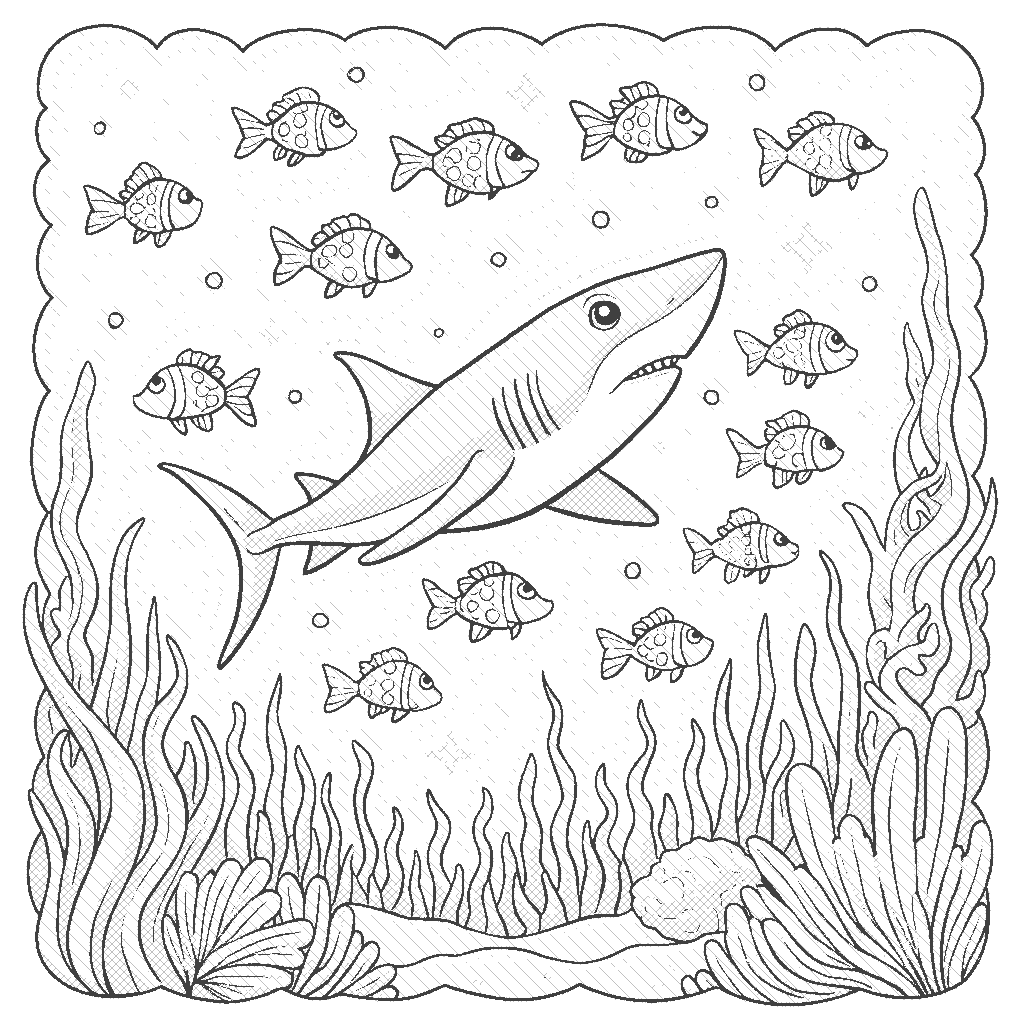 Coloring Page: Shark and School of Fish - A playful shark is swimming swiftly through a school of tiny, sparkling fish that are swirling in patterns like a living cloud.