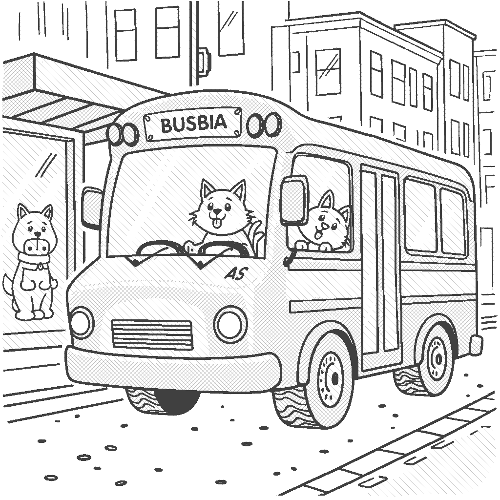 Coloring Page: City Bus Journey - A colorful city bus making a stop at a bus shelter, where a friendly cat is waiting to hop on, with a delightful small dog waving goodbye at the window.