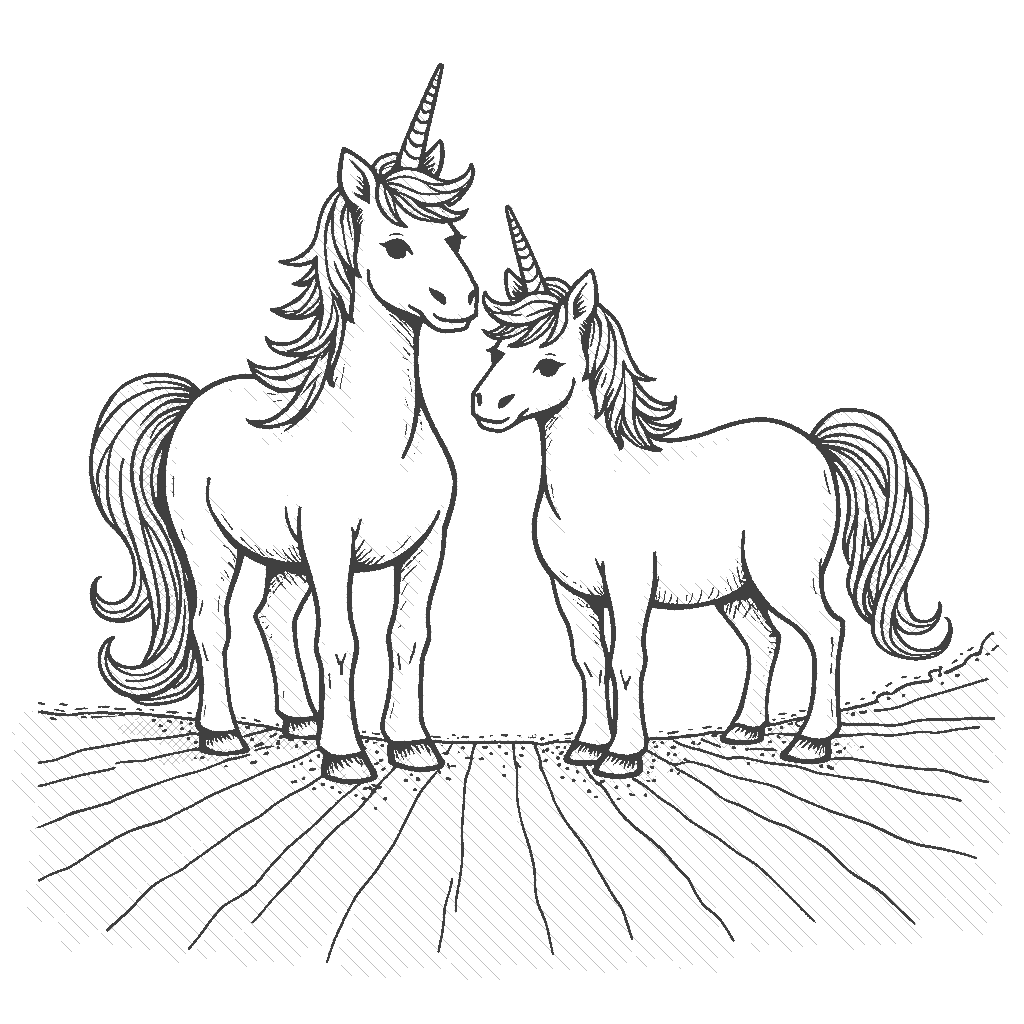 Coloring Page: Unicorns at the Edge of a Rainbow - Two unicorns standing at the end of a vibrant rainbow, gazing at the pot of gold with curious expressions.