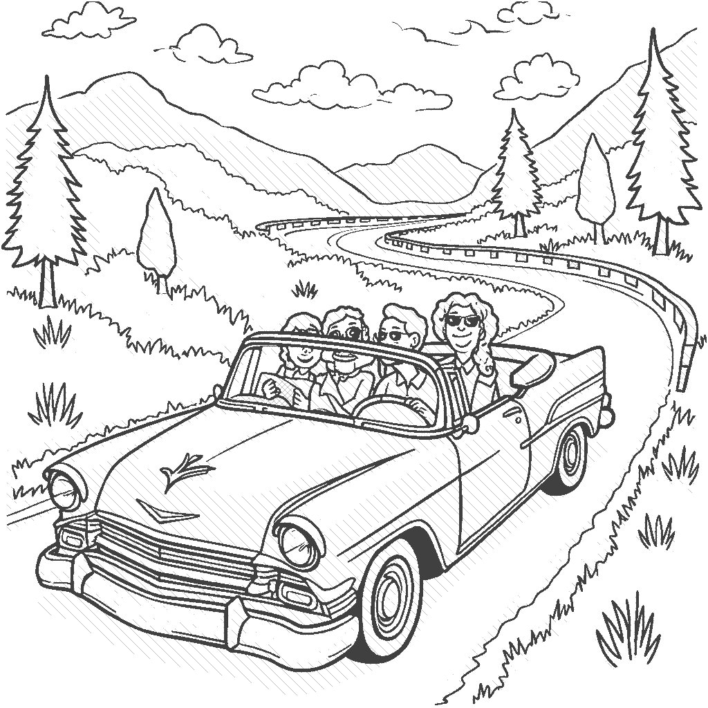 Coloring Page: Convertible Road Trip - A convertible car drives down a sunny, winding road, with a happy family inside. They are surrounded by mountains and trees, with a dog wearing sunglasses sticking its head out the window.