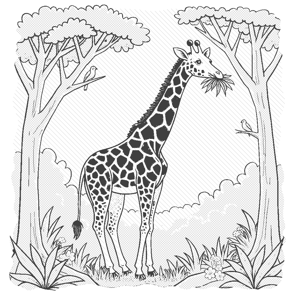 Coloring Page: Giraffe Snack Time - A tall giraffe munching on leaves from the treetops, with a colorful sunset in the background and a couple of birds perched on branches.