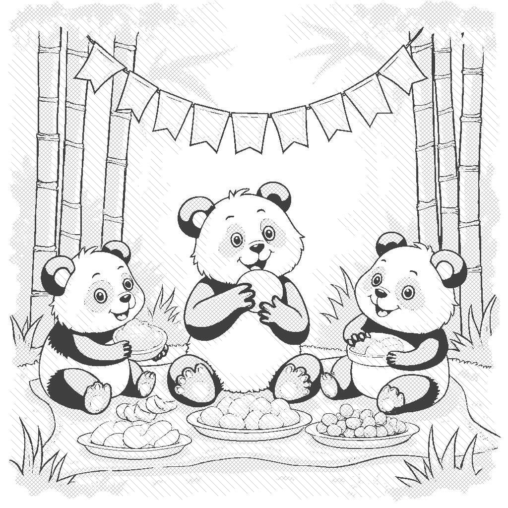 Coloring Page: Panda’s Bamboo Picnic - A playful panda enjoying a picnic with friends in a bamboo forest. There are plates of fruits, nuts, and bamboo snacks, along with a colorful banner hanging between the trees.