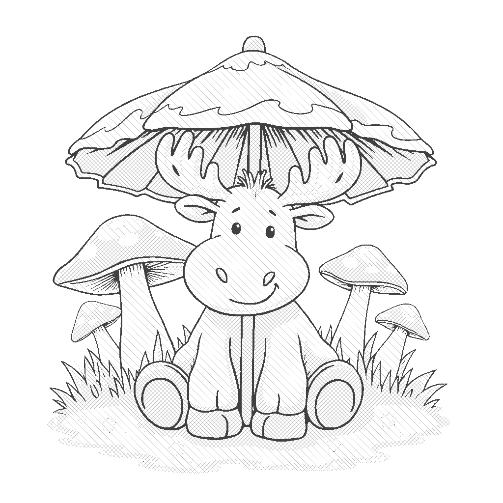 Coloring Page: Moose Under Umbrella Mushrooms - A cheerful moose resting beneath oversized umbrella mushrooms in vibrant pinks and blues, raindrops falling gently around it in a serene forest setting.