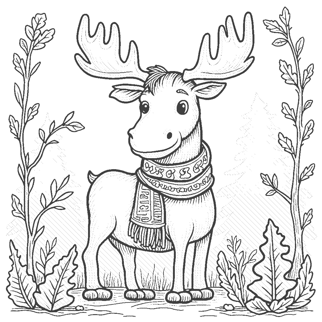 Coloring Page: Moose and Forest Style - A whimsical moose wearing a patterned scarf, standing amongst giant, colorful mushrooms of various shapes, in a vibrant green forest. The mushrooms are painted in reds, yellows, and blues, while the moose has a golden-brown coat.