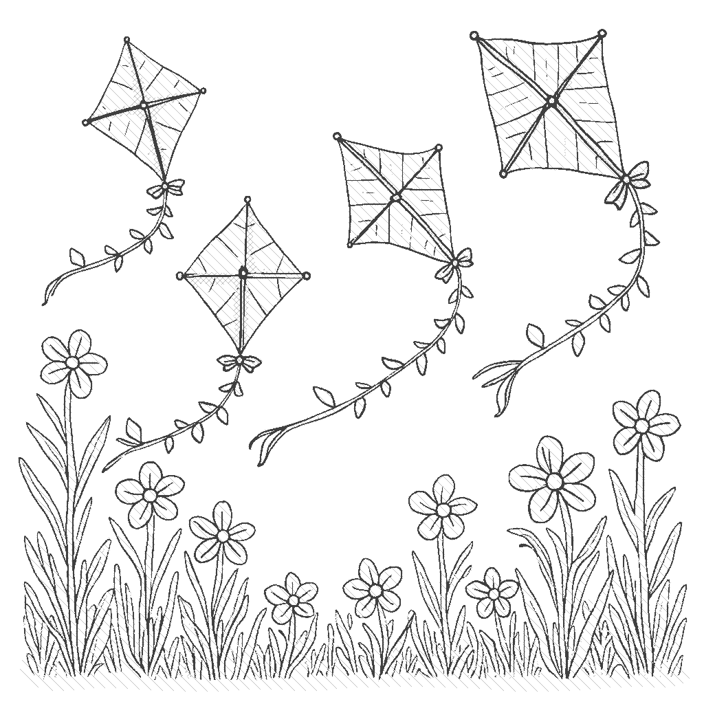 Coloring Page: Festival of Kites - Colorful kites shaped like leaves soaring through the sky, with children running beneath them in a field of golden autumn grass.