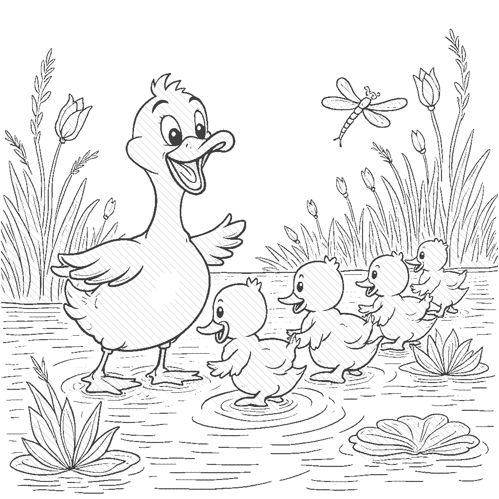 Coloring Page: Duck Parade on a Pond - A mother duck leads her adorable ducklings in a parade across a pond filled with lily pads and dragonflies. Nearby, children are feeding them breadcrumbs and laughing.