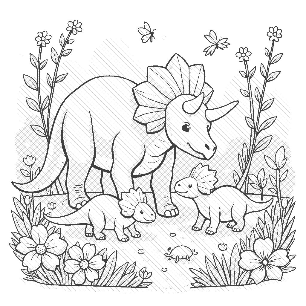 Coloring Page: Triceratops Family - A caring Triceratops looking after her three playful baby Triceratops as they explore a vibrant meadow filled with colorful plants and insects.