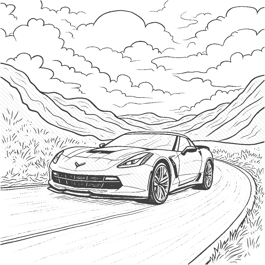 Coloring Page: Racing through the Rainbow - A sleek sports car zooming down a curvy road surrounded by vibrant rainbow-colored trees, with the sun setting in the background.