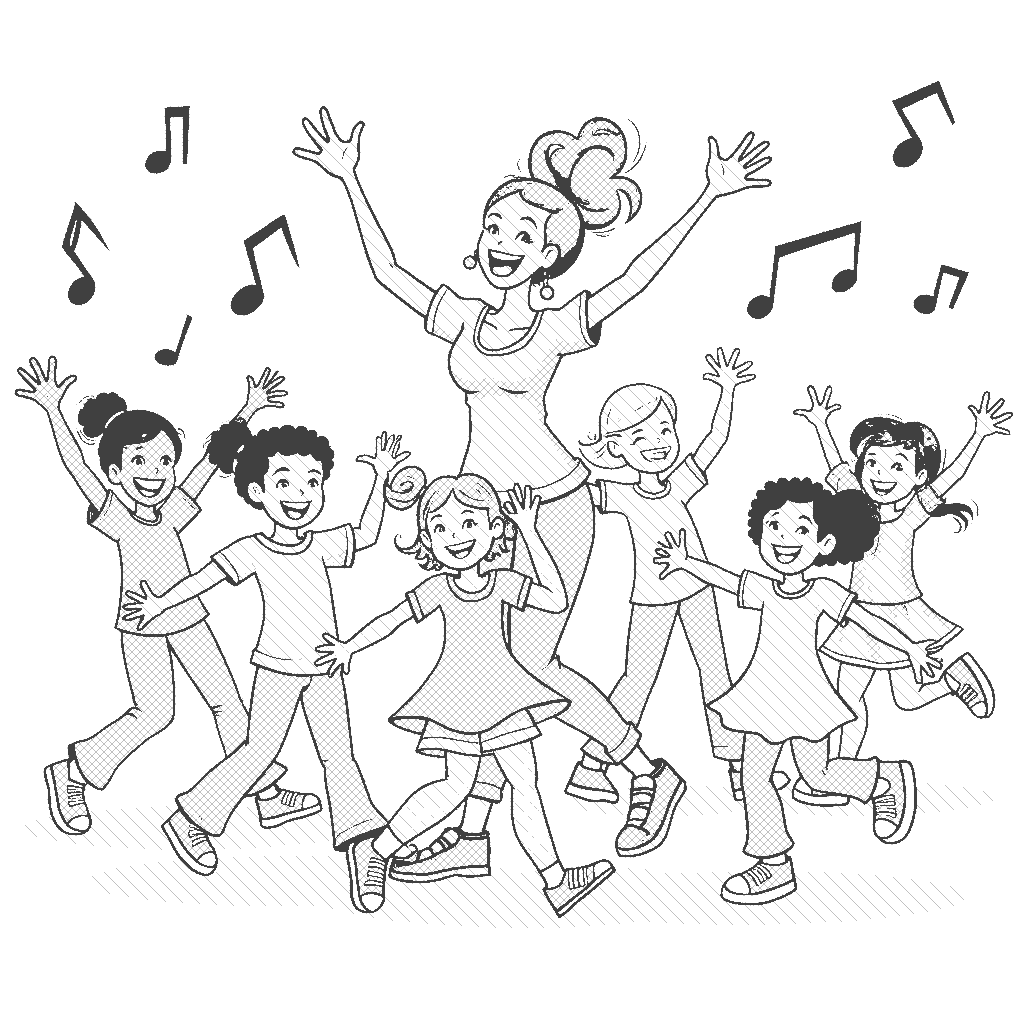 Coloring Page: Choreographer's Dance Class - A lively choreographer leads a group of dancing children in a bright studio, with music notes floating around. Everyone is in fun dance poses with smiles on their faces.