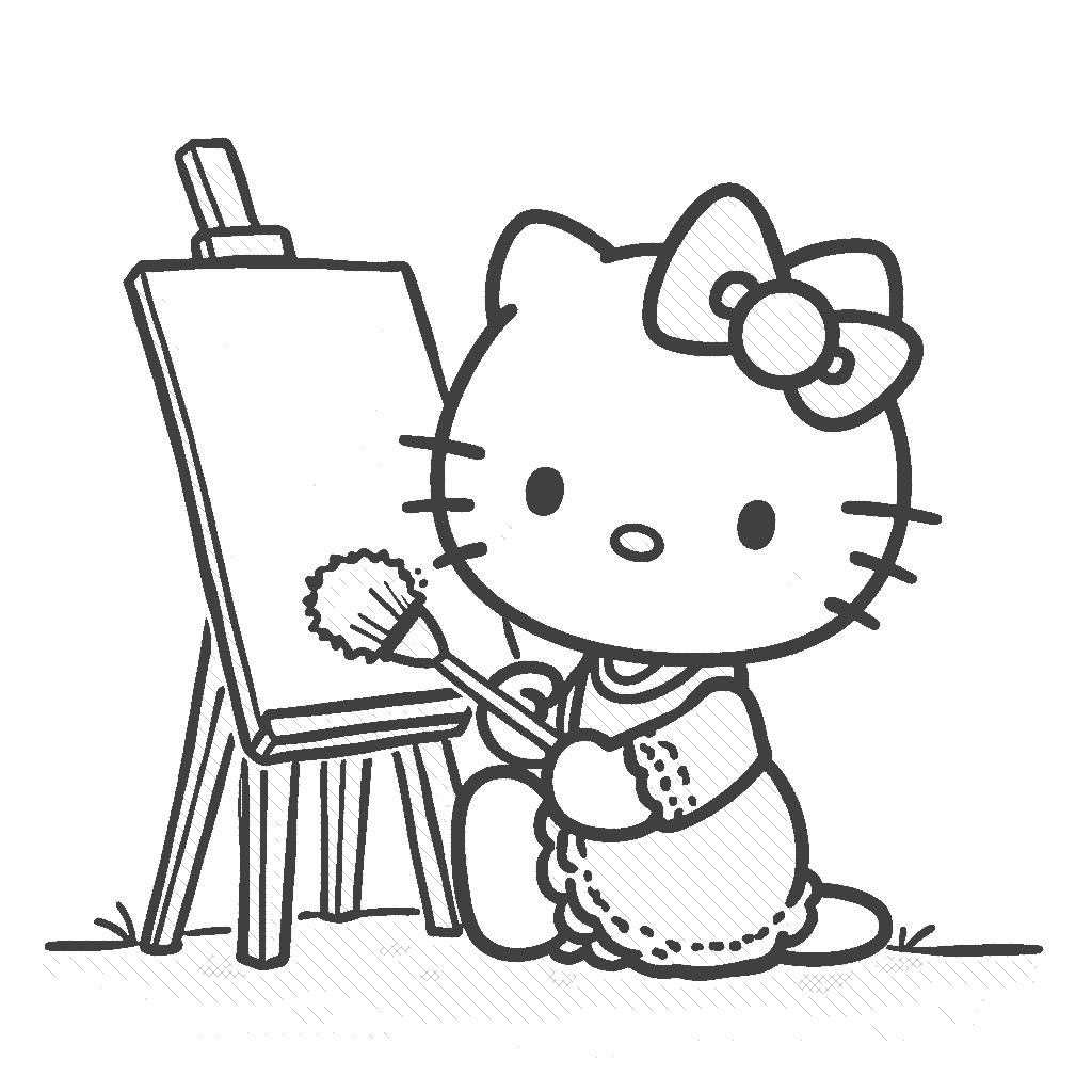 Coloring Page: Hello Kitty Painting Art - Hello Kitty sitting at an easel, painting a bright and whimsical landscape, surrounded by splashes of color and art supplies.