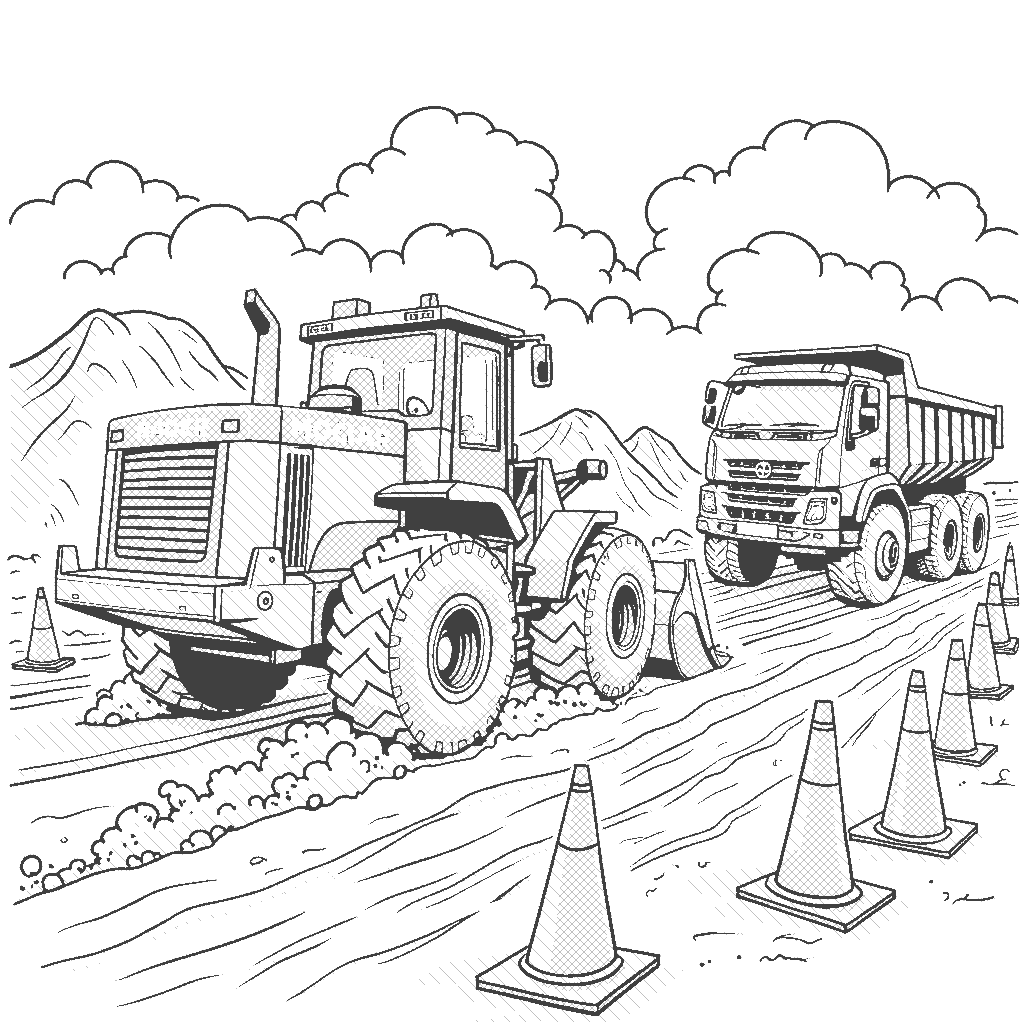 Coloring Page: Bulldozer Race - A bulldozer is racing against a dump truck on a construction site. Dust is flying everywhere as they both speed towards a finish line made of cones.