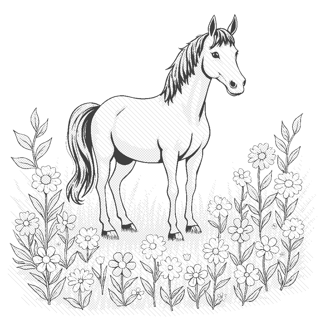 Coloring Page: Horse in a Flower Meadow - A serene scene of a gentle brown horse standing amidst a field of colorful, giant flowers in various shapes—sunflowers, daisies, and tulips—while butterflies flutter around.