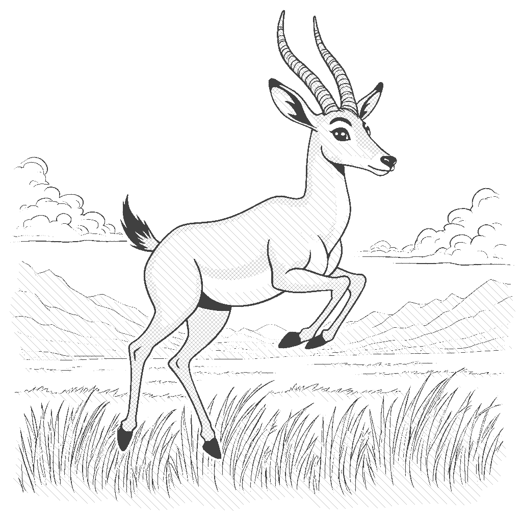 Coloring Page: Gazelle in the Grasslands - A gazelle gracefully leaping over tall grass in an open savanna, with distant mountains visible under a blue sky.