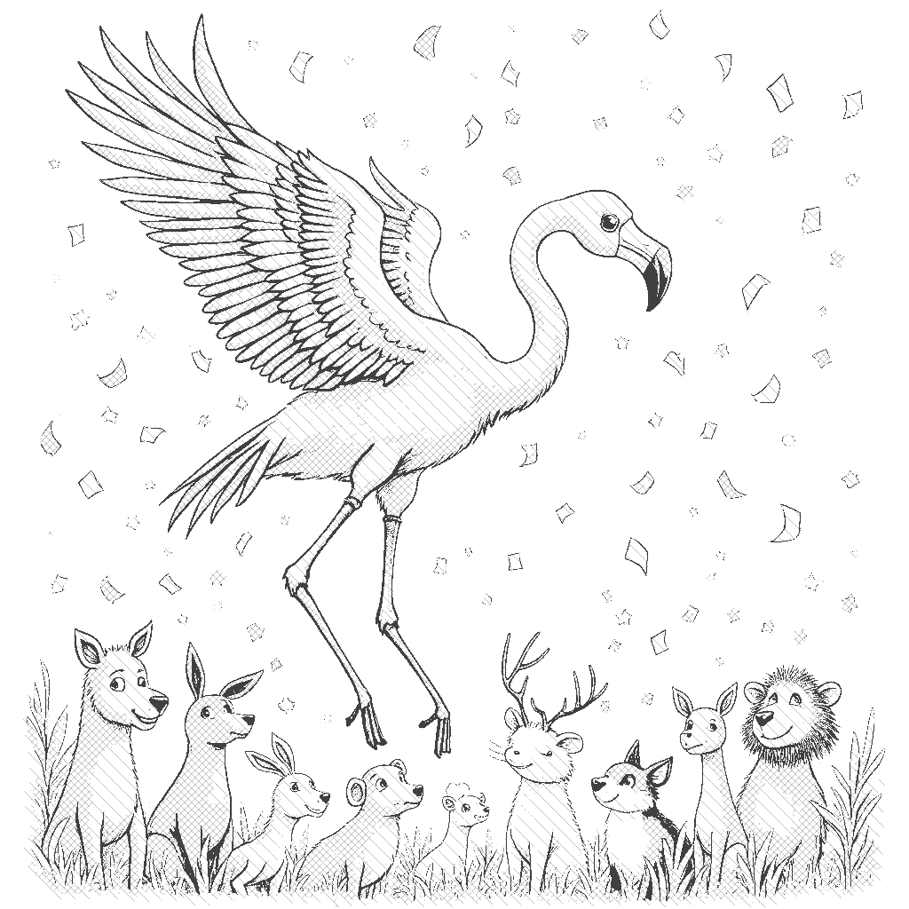 Coloring Page: The Flying Flamingo - A flamboyant flamingo takes flight, soaring through a bright blue sky and leaving trails of colorful confetti. Below, animals of all kinds gaze up in awe.