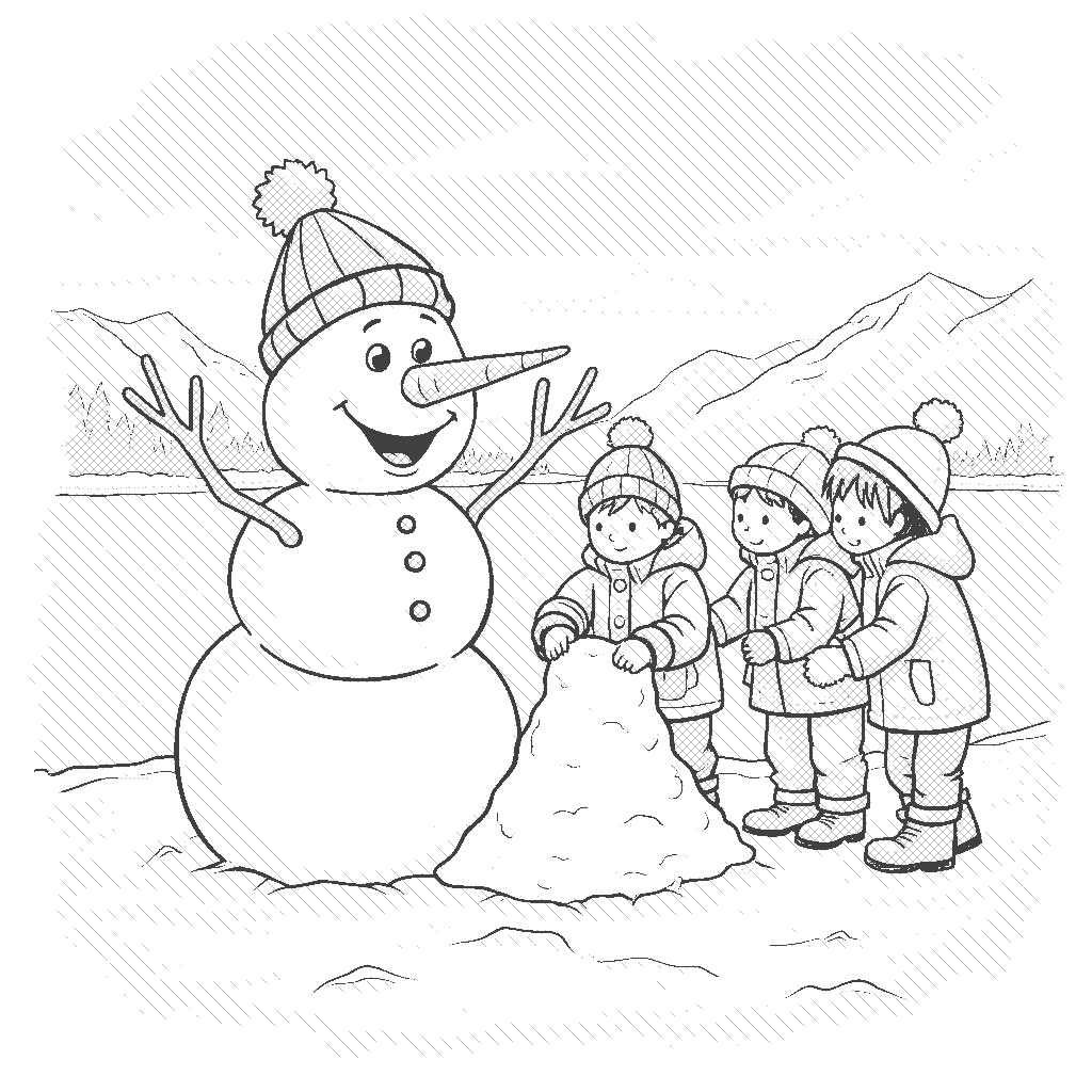 Coloring Page: Snowman with Friends - A snowman with a carrot nose and a big smile is surrounded by playful children building a snow fort nearby. The children are bundled in colorful winter jackets—one in bright green, another in blue, and the third in yellow. The frozen lake in the background glistens under the bright sun, with patches of white snow along its edges. Fluffy clouds float in a clear blue sky, adding to the cheerful atmosphere of the winter scene.