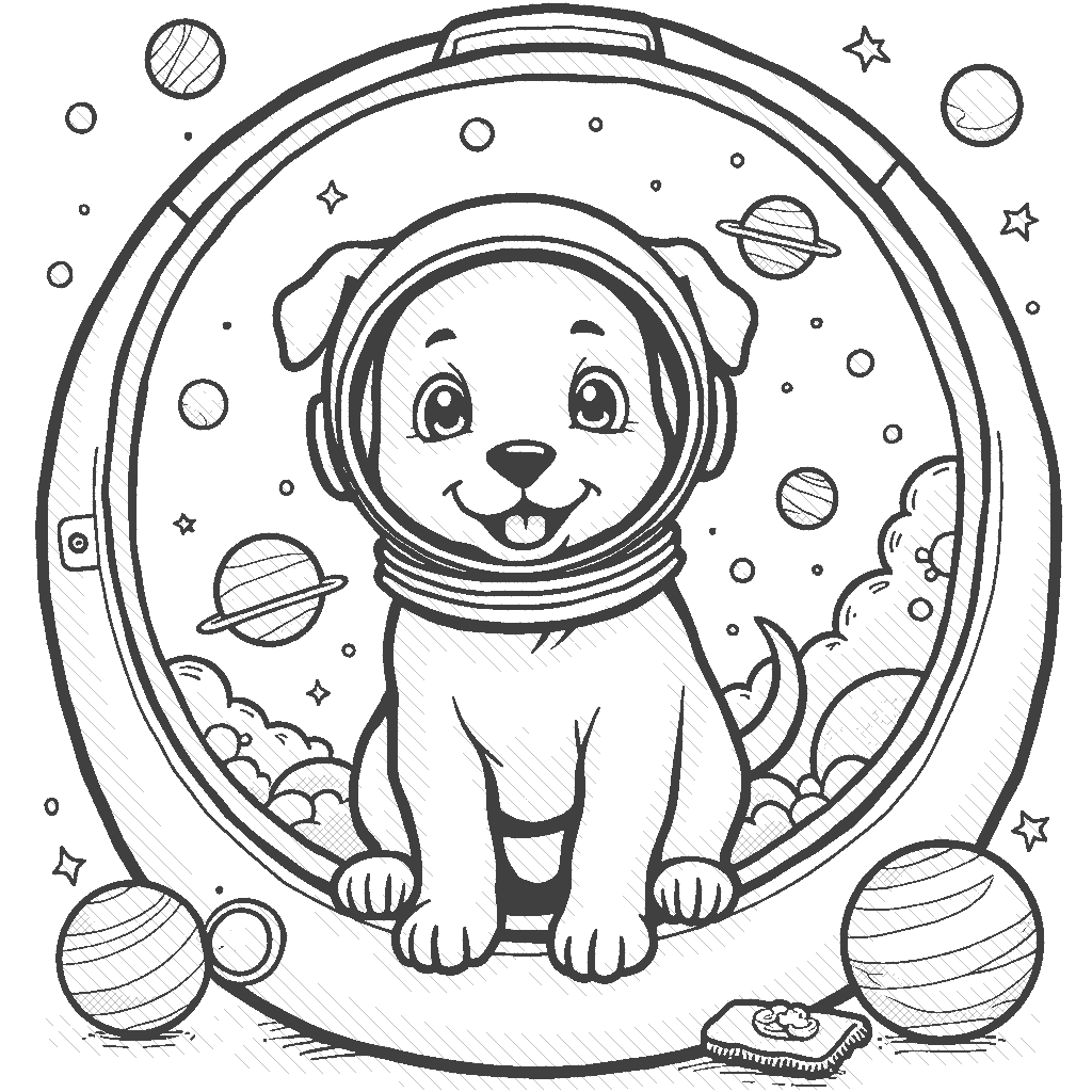 Coloring Page: The Friendly Space Dog - A cute dog wearing a space helmet, sitting inside a spaceship with window views of colorful planets. The dog looks excited to explore the galaxy, surrounded by floating toys and snacks.