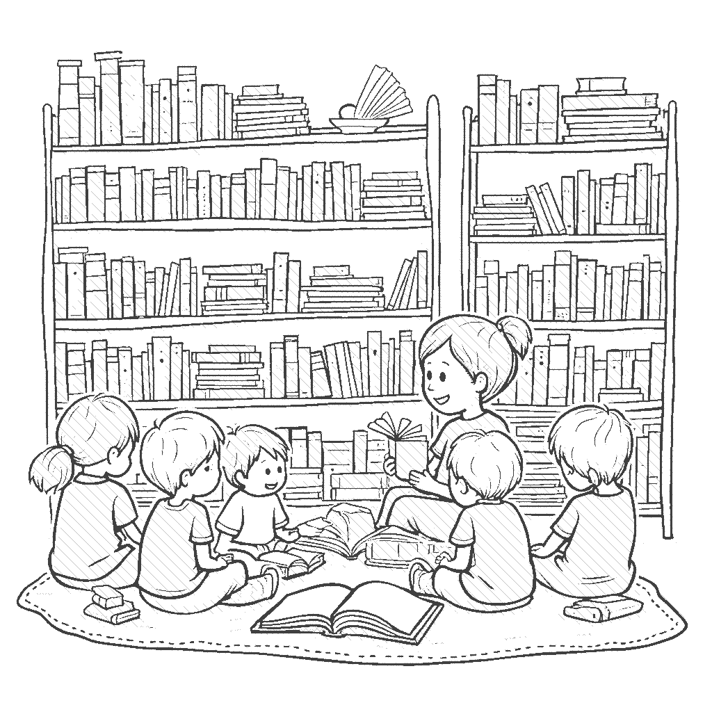 Coloring Page: Librarian and Books - A librarian organizes books on a shelf while a group of children sits on the floor, reading and enjoying storytime.