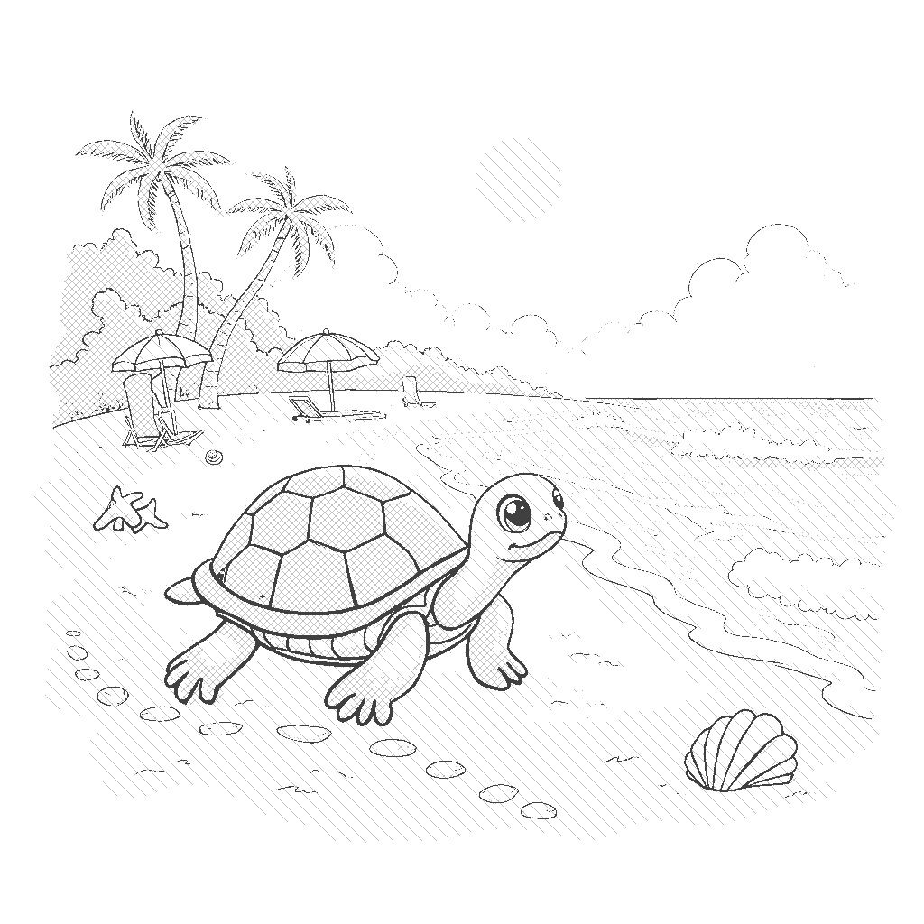 Coloring Page: Turtle on a Sandy Beach - A cute turtle makes its way across a sunny sandy beach, leaving little footprints behind. The beach is dotted with seashells and beachgoers in the background, and gentle waves are rolling onto shore.