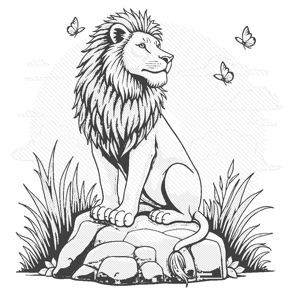 Coloring Page: Lion's Royal Roar - A majestic lion sitting on a large rock, with a vibrant sunset in the background. The lion's mane is flowing in the wind, and a few butterflies are fluttering around it.