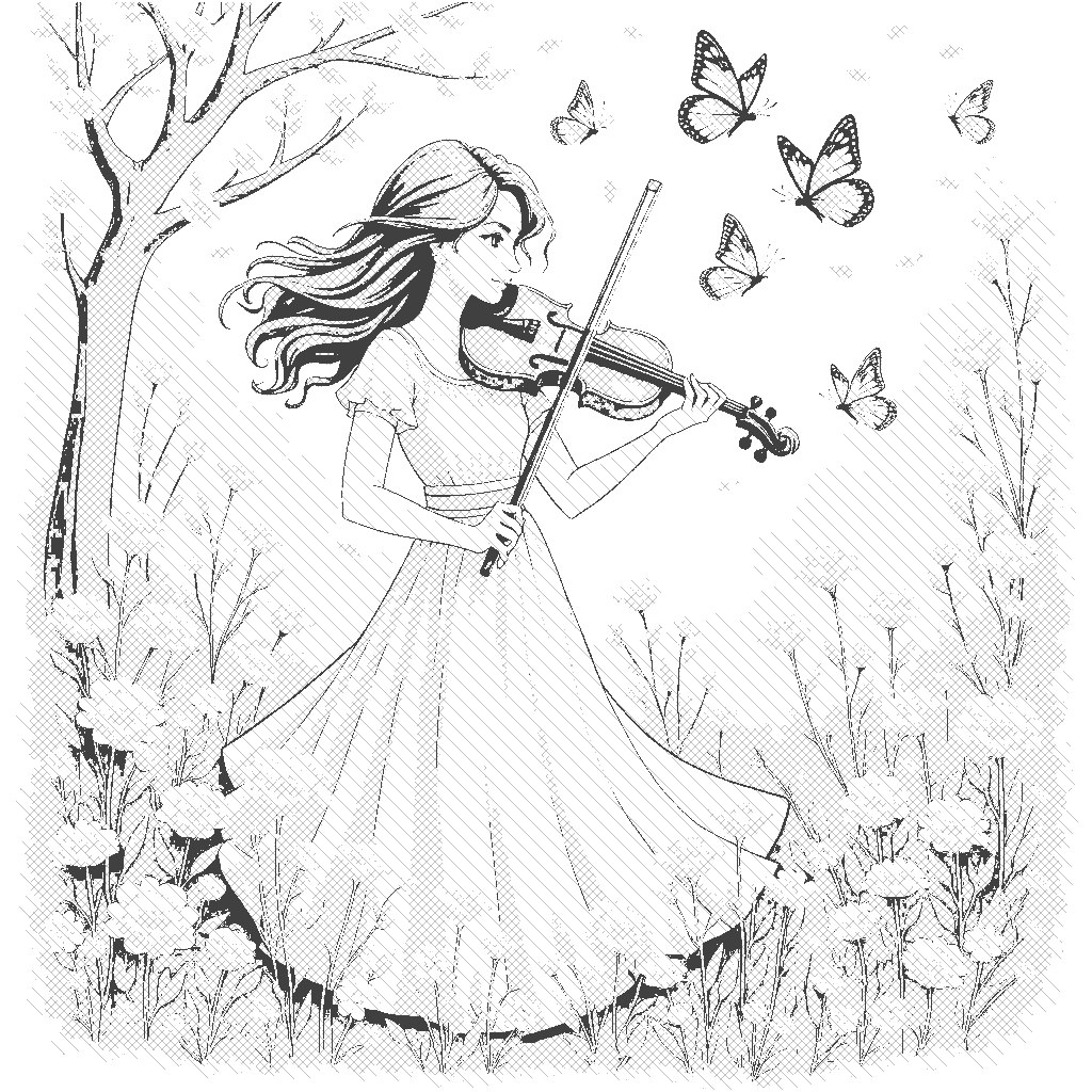 Coloring Page: Violin in the Garden - A violinist gracefully playing a violin in a blooming garden filled with butterflies. The air is filled with music and the peaceful vibe of nature surrounds her.