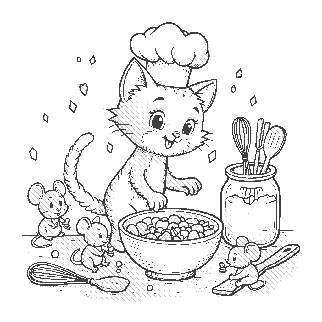 Coloring Page: Curious Cat Chef - A ginger cat wearing a chef's hat stands on a kitchen counter, peering into a mixing bowl filled with colorful ingredients. Around the cat are various kitchen utensils like whisks and spatulas, and a few playful mice are peeking out from behind the flour jar, watching the cat's antics.