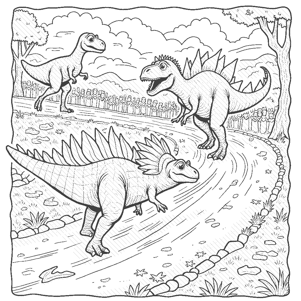 Coloring Page: Dino Race Day - A thrilling race between a speedy Velociraptor and a slow-moving Stegosaurus on a winding track made of fallen leaves and rocks, with a cheering crowd of smaller dinosaurs in the background.