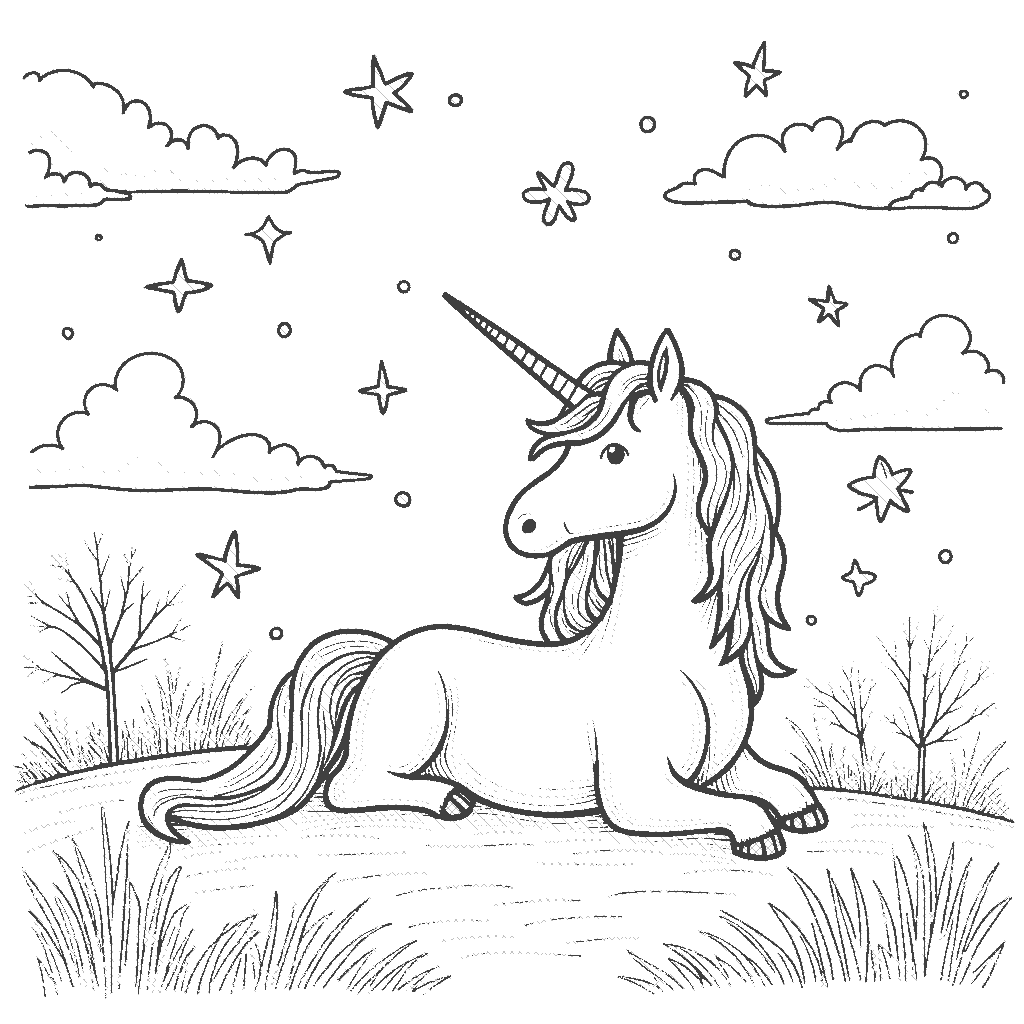 Coloring Page: Unicorn and the Shooting Stars - A unicorn lying on a hill, gazing at shooting stars streaking across the night sky.