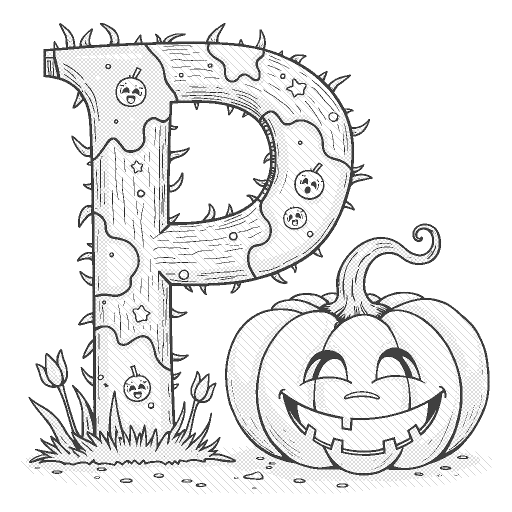 Coloring Page: P and Pumpkin - A playful letter P with a friendly, grinning pumpkin next to it, ready for Halloween fun.