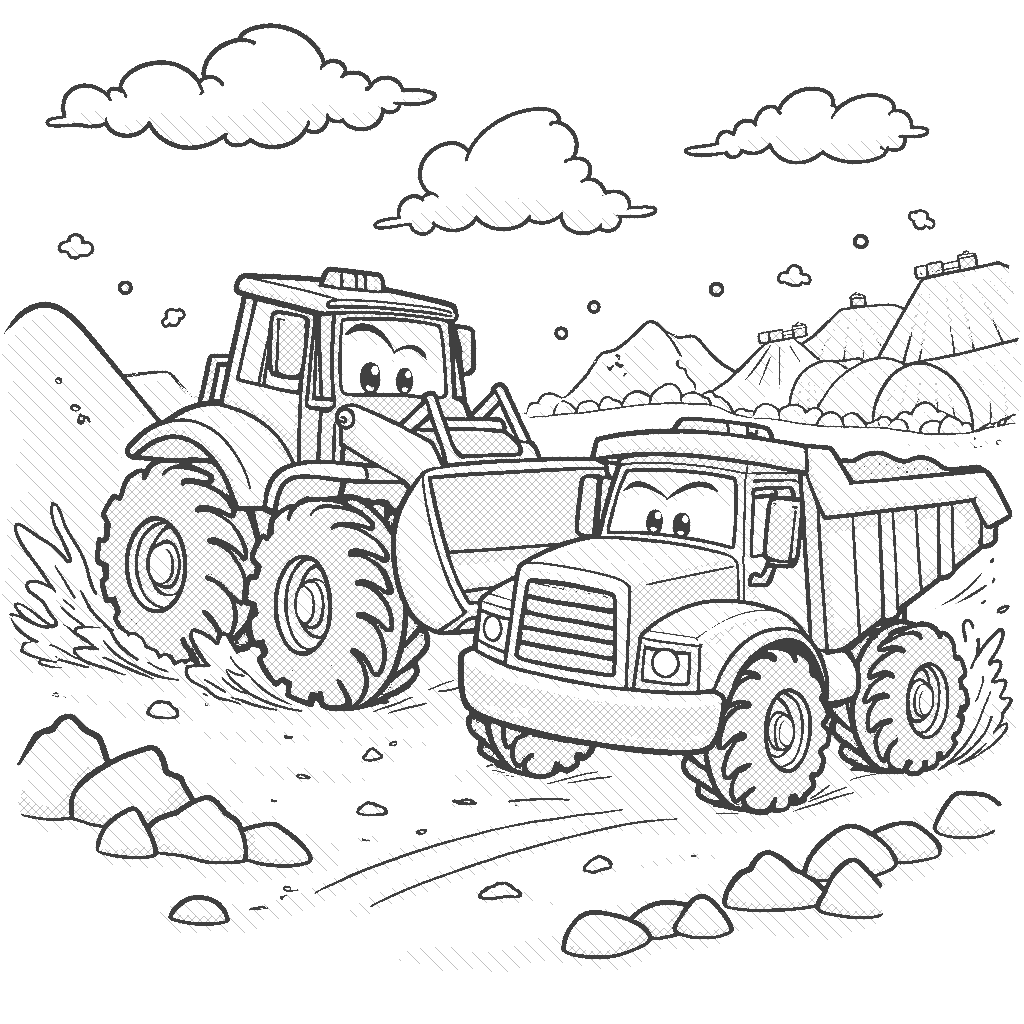 Coloring Page: Bulldozer Race - A bulldozer is racing against a small dump truck on a construction site. Both vehicles have determined expressions, and the background shows piles of dirt and construction supplies.