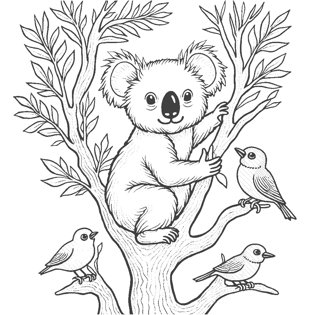 Coloring Page: Koala in the Forest - A koala is sitting in a eucalyptus tree, munching on leaves while a few birds are perched on nearby branches, watching curiously.