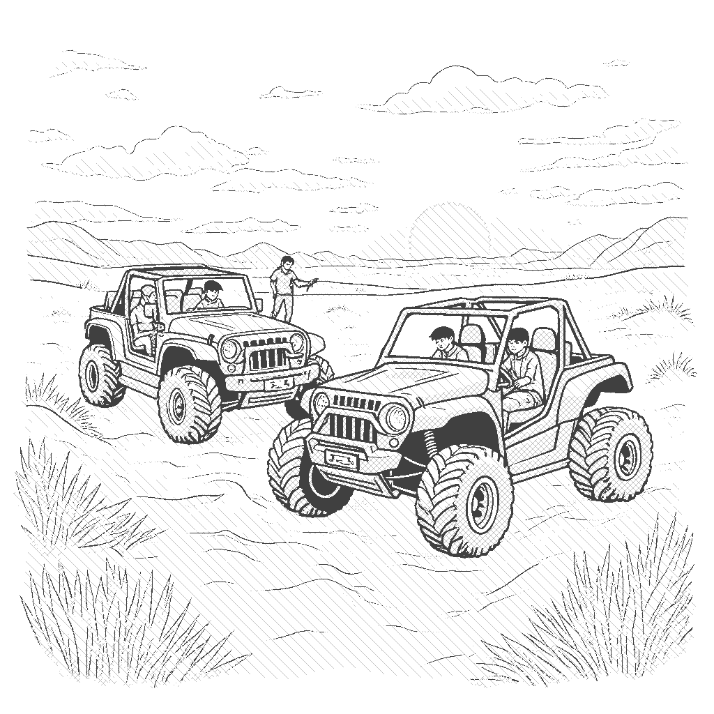 Coloring Page: Desert Buggy Rescue - A scene depicting a desert buggy helping a stranded vehicle in the sandy terrain. A couple of characters are seen working together, with the buggy ready to tow another vehicle. The sun sets on the horizon, casting an orange glow over the vast desert.