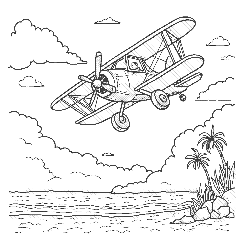 Coloring Page: Beach Bliss - A colorful biplane performing tricks over a sunny beach, with children playing in the sand and colorful beach towels scattered around.