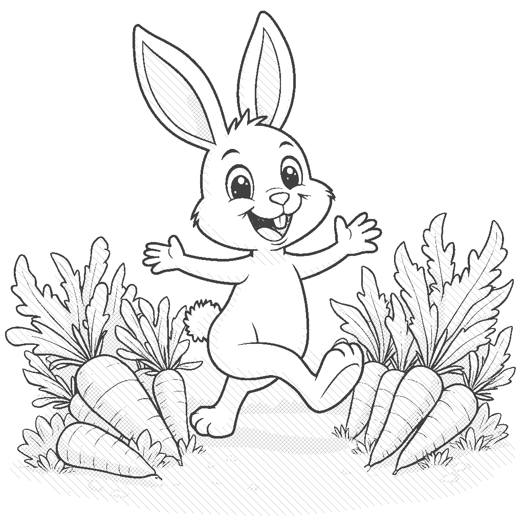 Coloring Page: Rabbit and the Carrot Patch - A rabbit hops joyfully through a carrot patch, surrounded by tall green leaves and an assortment of carrots waiting to be picked.